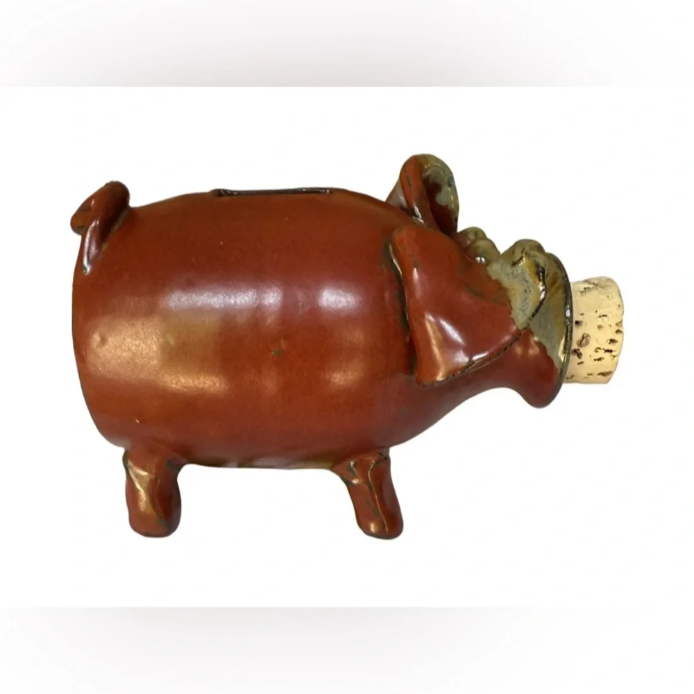 Vintage Artisan Pottery Rustic Brown Piggy Bank with Cork Stopper